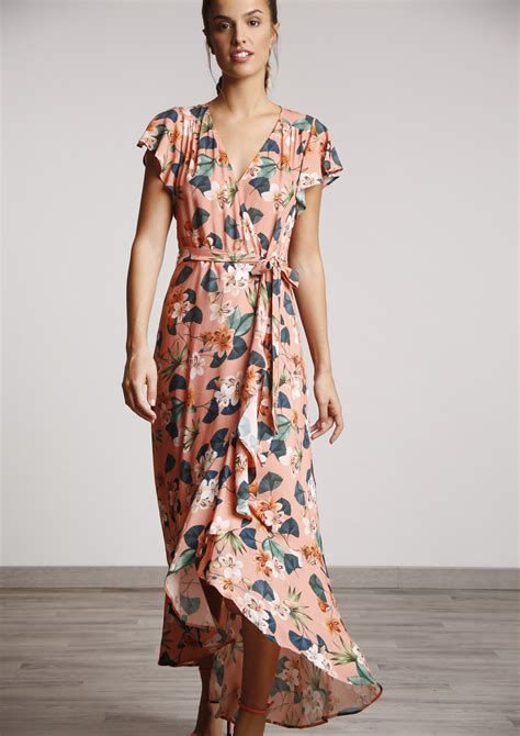 Long Floral Print Dress In Salmon