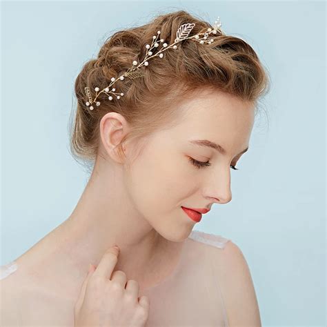 Elegant Wedding Bridal Headbands For Women Party Gold Crystal Rhinestone Leaves Simulated Pearl