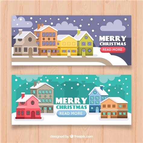 Banners De Feliz Navidad Con Casas Nevadas Vector Gratis