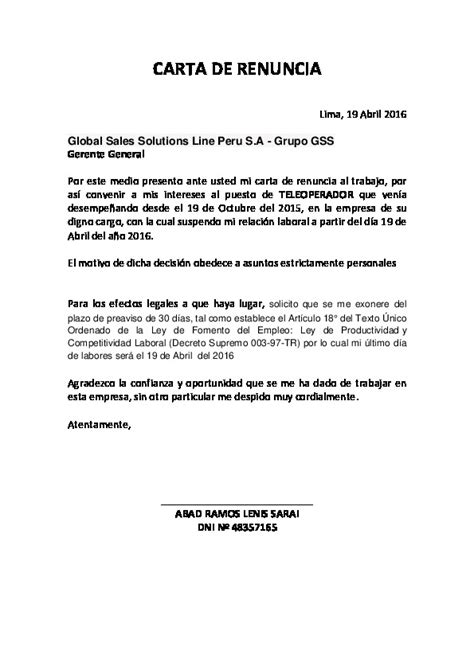 Modelo Carta De Renuncia Sencilladocx Images