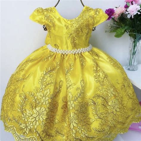 Vestido Infantil De Luxo Amarelo Rendado Bela E A Fera Perfeito Para