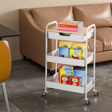 Kingrack Rolling Cart Tier Utility Storage Trolley With Wooden Board