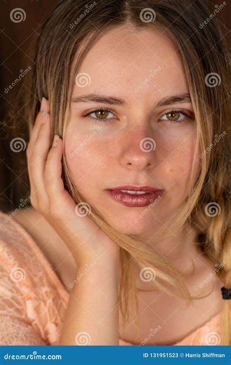 Brunette In Peach Stock Image Image Of Long Beautiful