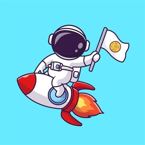 Lindo Astronauta Montando Cohete Con Bandera Lunar Dibujos Animados