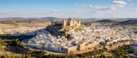 Premium AI Image | aerial view of arcos de la frontera city with medieval castle on edge of cliff