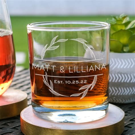 Personalized Whiskey Glass Relationship Lowball Glasses W Vine Border Etched Cocktail Glasses