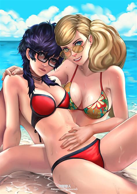 Rule 34 2girls Ann Takamaki Beach Bikini Black Hair Blonde Hair Blue Eyes Breasts Brown Tinted