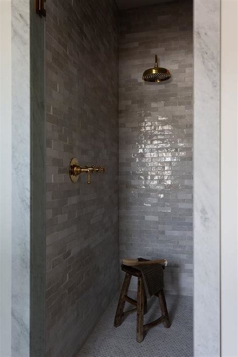 Walk In Shower With White Vertical Stacked Tiles Transitional Bathroom