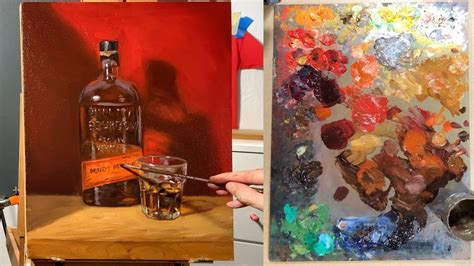 Artist Studio Whiskey Bottle And Shot Glass On Red Real Time Oil