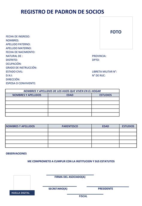 Formato Excel Registro de Padrón de Socios Sociedad Peruana de Radiología