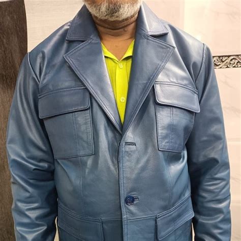 Mens Blue Lambskin Leather Blazer Etsy