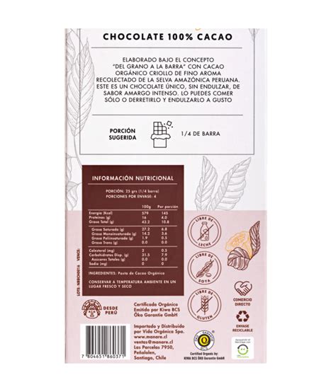 Barra de Chocolate Orgánico Manare 100 cacao 100gr Only natural