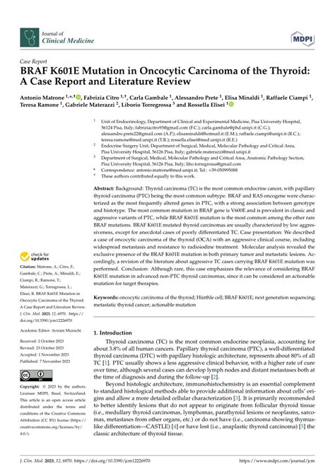 PDF BRAF K601E Mutation In Oncocytic Carcinoma Of The Thyroid A Case