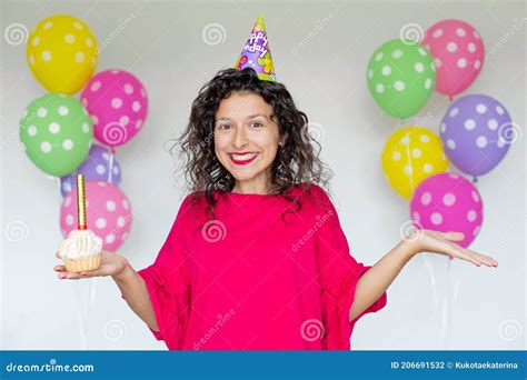 Happy Birthday Brunette Girl Posing With Balloons Fireworks Colorful Balloons And Holiday