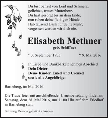 Traueranzeigen Von Elisabeth Methner Geb Schiffner Abschied