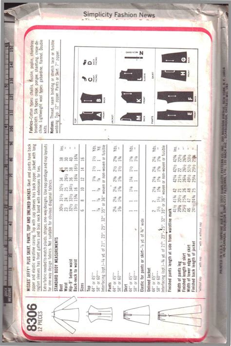 Simplicity 8306 Skirt Pants Top Jacket Size 16 Uncut Sewing Pattern