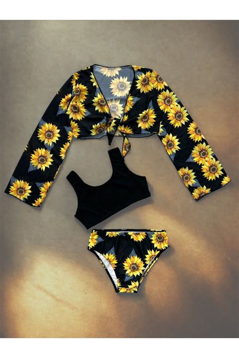 Lolliboomkids Yeni Sezon Kız Çocuk Ay Çiçeği Sunflower Desen Siyah Sarı Renk Pareolu Bikini