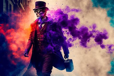 Premium Ai Image A Man In A Suit And Hat Walks Down A Street With Purple Smoke Coming Out Of