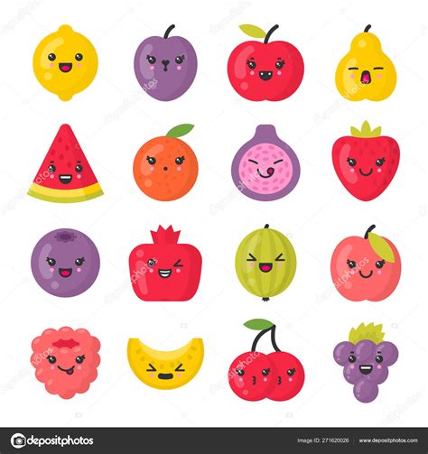 Cute Smiling Fruits Isolated Colorful Vector Icon Set Stock Vector