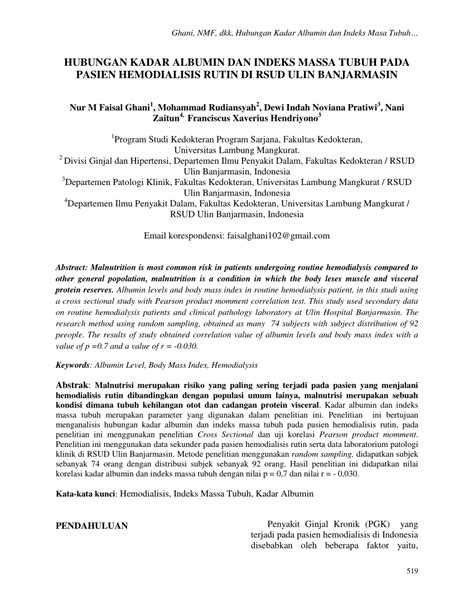 Pdf Hubungan Kadar Albumin Dan Indeks Massa Tubuh Pada Pasien