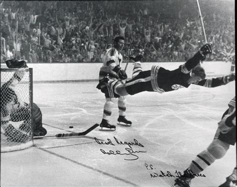 Bobby Orr Signed "Watch The Knees" Flying Goal Photo