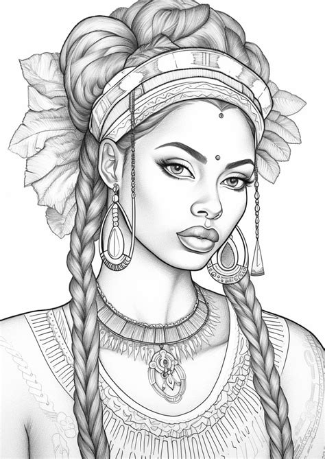 Printable Adult Coloring Page Beautiful African Woman Grayscale Portrait Downloadable