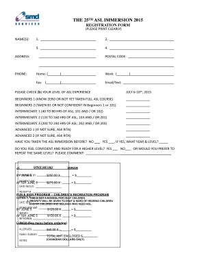 Fillable Online Smd Mb ASL Immersion Registration Form 2015 SMD Smd