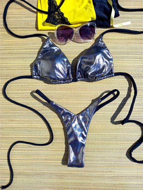 Silver Holographic Thong Bikini Set Triangle Bikini V Front Bikini Etsy
