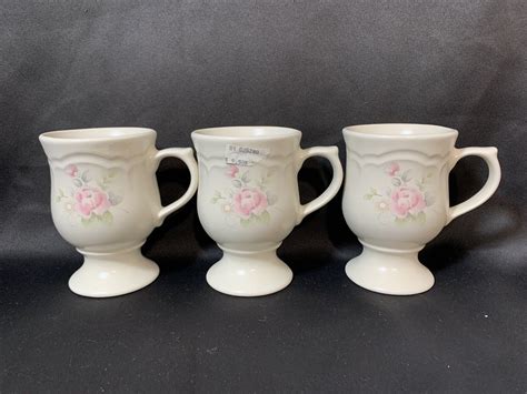 Pfaltzgraff Tea Rose Set Of 3 Pink Floral Pedestal Coffee Cups Mugs Usa