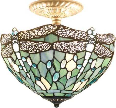 Werfactory Tiffany Ceiling Light Fixture Sea Blue Stained Glass Dragonfly Semi Flush Mount Lamp