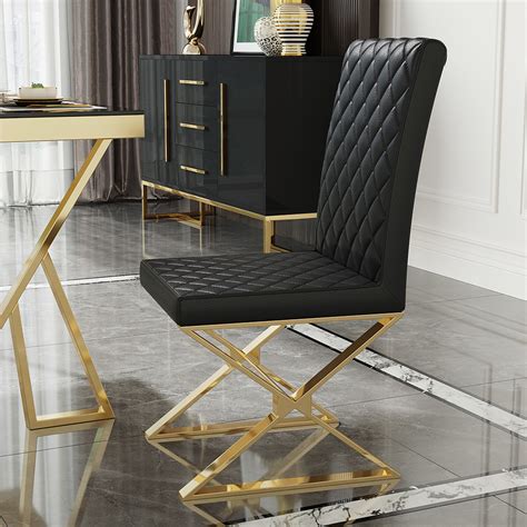 Dochic Modern Black Upholstered Leather Dining Table Chair Gold Legs