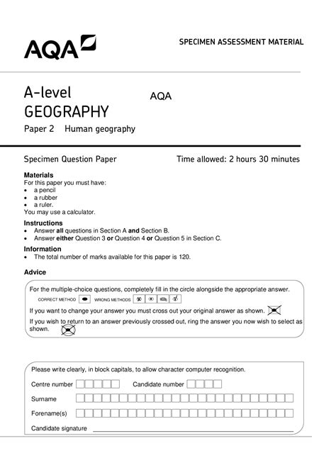 A Level Geography Specimen Question Paper Paper 2 Browsegrades