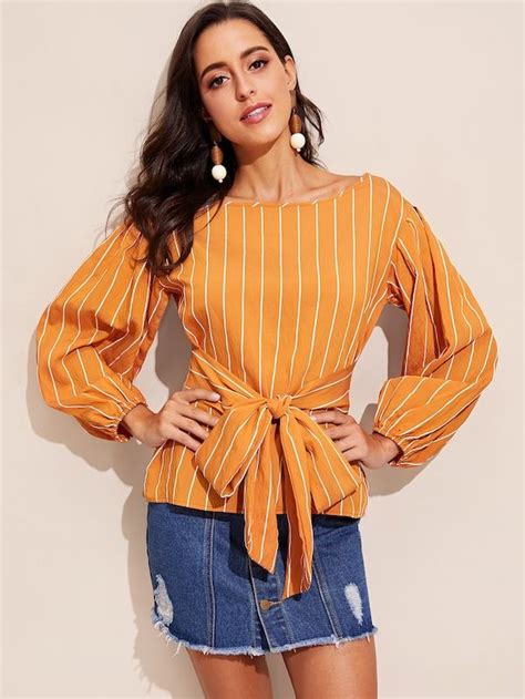 SHEIN Lantern Sleeve Knot Front Striped Top Tops Striped Top