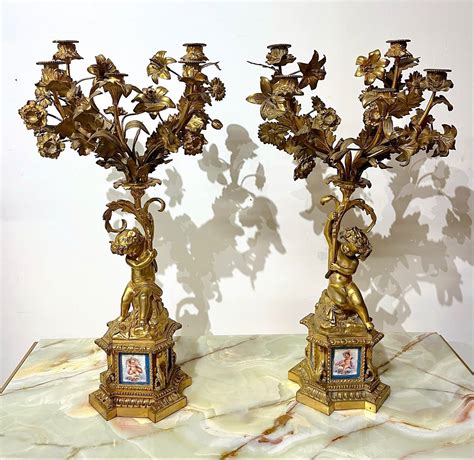 Proantic Paire De Candélabres Plaques De Porcelaine Et Bronze Doré