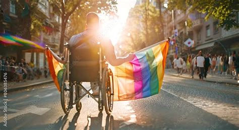 Back View Disabled Gay Man In Wheelchair With Rainbow Lgbtq Flag