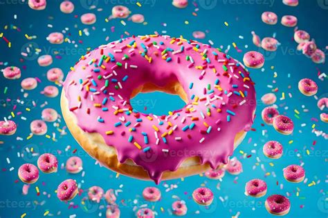 A Donut With Pink Icing And Sprinkles Is Flying In The Air AI