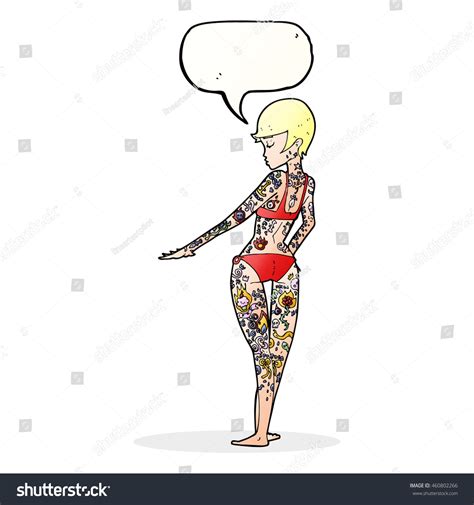 Cartoon Bikini Girl Covered Tattoos Speech Stock Illustration