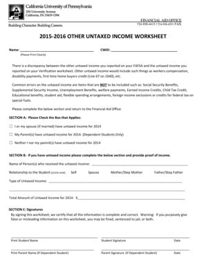 Fillable Online Calu 2015 2016 OTHER UNTAXED INCOME WORKSHEET Cal U