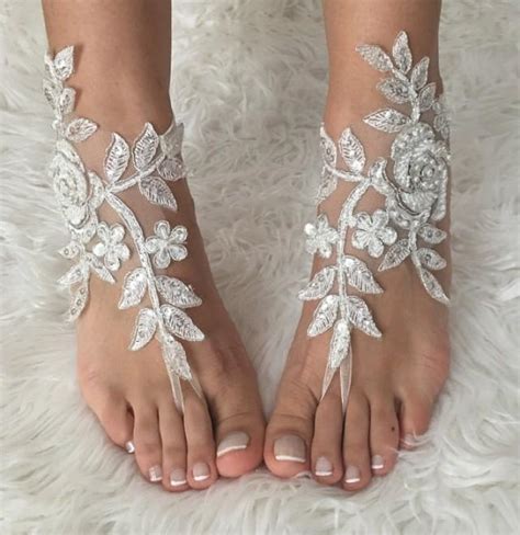 Free Ship Ivory Barefoot Silver Frame French Lace Sandals Wedding