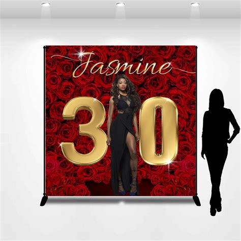 Custom Red Rose Gold 30th Birthday Photo Backdrop Lofaris