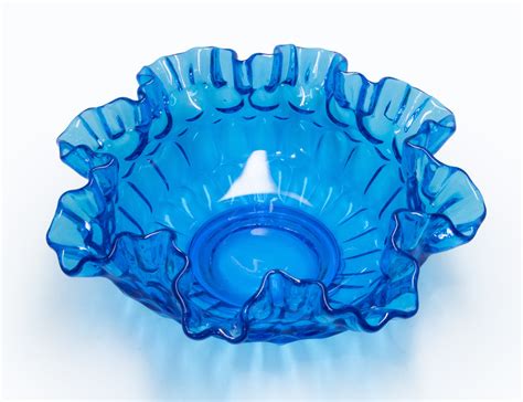 Fenton Art Glass Crimped Ruffle Edge Bowl Colonial Blue Ruffled Rim Bowl Mcm 1960 S Vintage