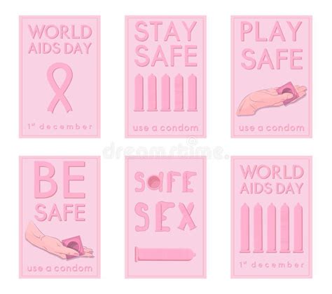 Safe Sex Pink Greeting Card Set Condoms And Slogans Stock Vector