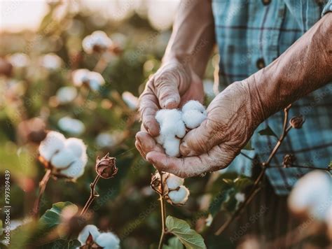 Farmer Hand Picking White Boll Of Cotton Cotton Farm Field Of Cotton