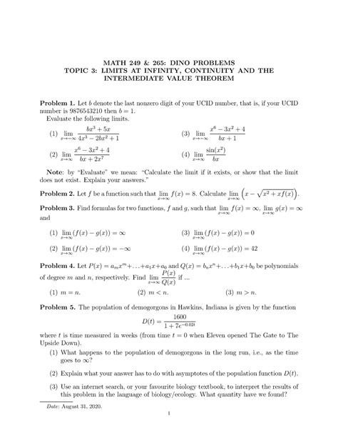 3 At Infinity To Post Math 249 And 265 Dino Problems Topic 3 Limits