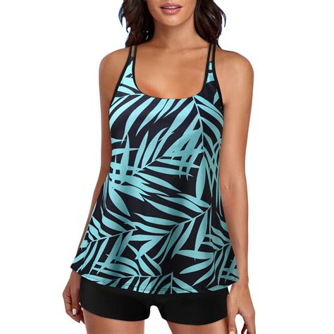 Plus Size Tropical Print Cyan Wide Strap Tankini Top Swimsuits For Women Two Piece Bathing Suits