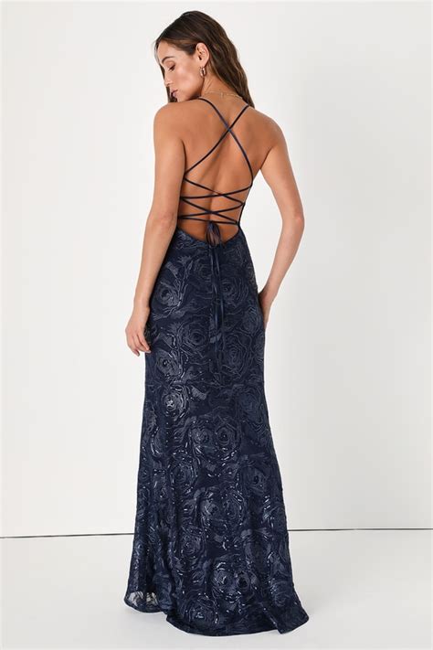 Navy Blue Embroidered Dress Sequin Dress Mermaid Maxi Dress Lulus