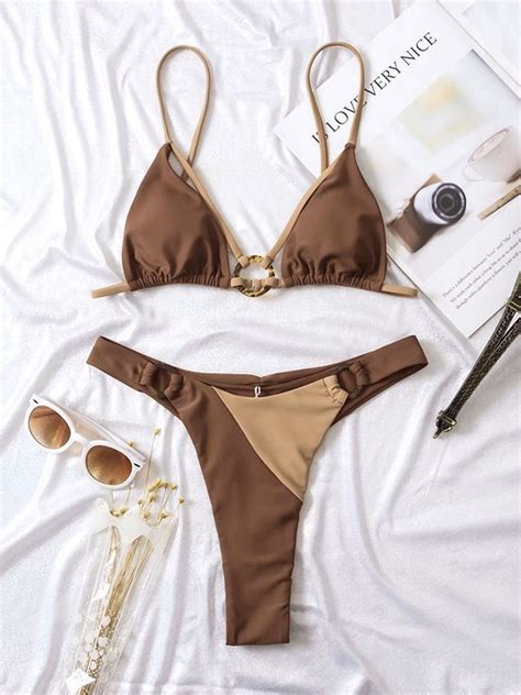 Emmiol Free Shipping 2023 Heart Embellish Black Bikini Set Coffee L In
