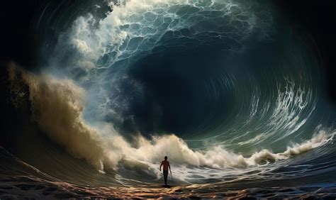 Premium AI Image | a man walking in the water looking into a huge wave ...