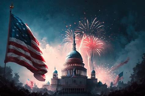 Illustration Of Big Flag Usa Over Us Capitol And Fireworks In Sky