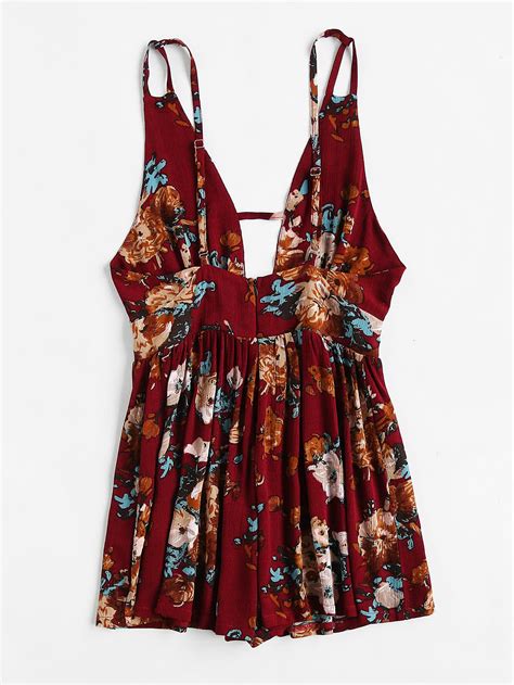 Plunging V Neckline Floral Print Random Backless Cami Romperfor Women Romwe